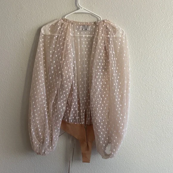 NWT The Dolls House Polka Dot Sheer Sleeve Bodysuit - Tan and White - Picture 11 of 12